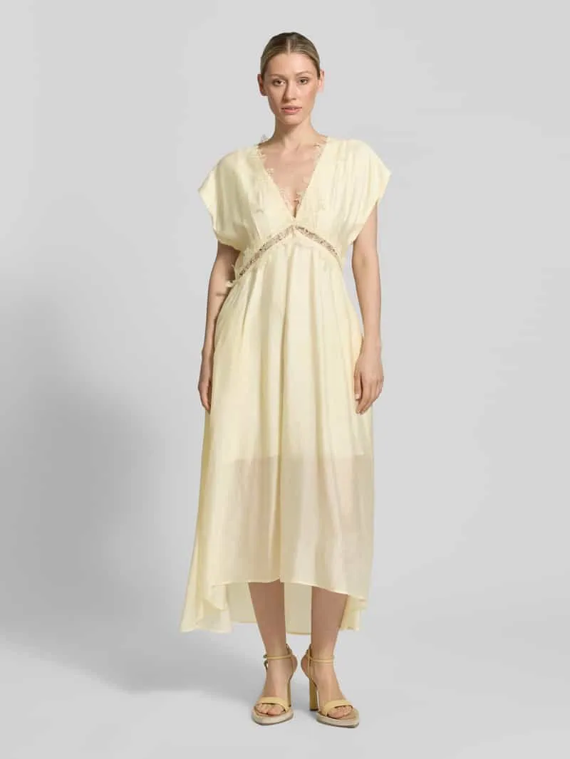 Cph Muse midi-jurk met V-hals en kant model 'MOLLY' Lichtgeel