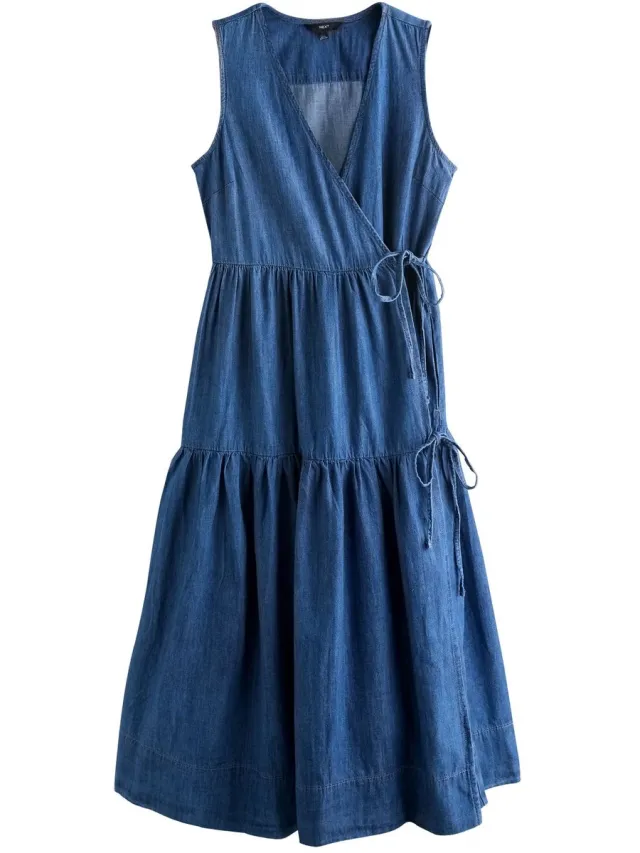Next Dames - Denim gelaagde maxi-wikkeljurk, petite - Petite - Blauw Mid Blue