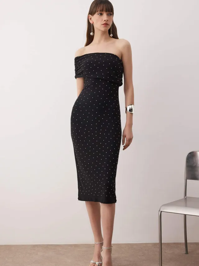 Trendyol TRENDYOLMİLLA Dames Zwart Effen Midi Mouwloos Stijlvol/Avond Bodycon Jurken