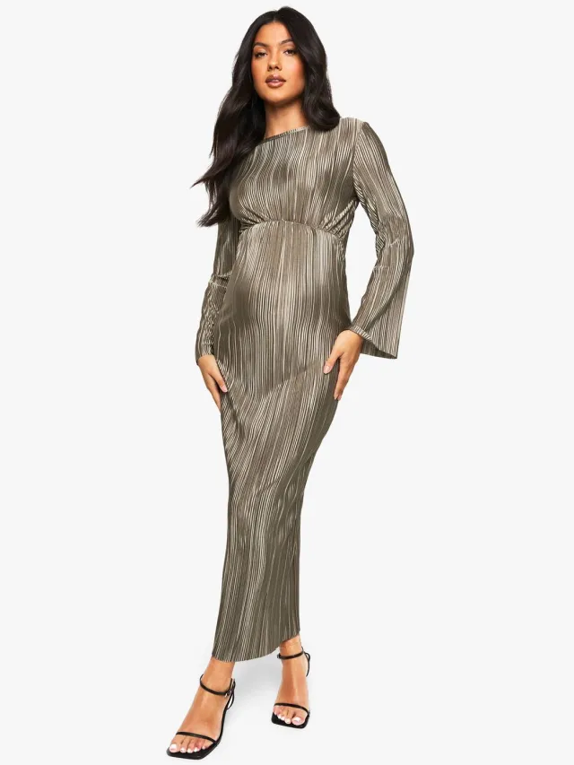 boohoo Dames Zwangerschaps Plisse Batwing Midaxi Jurk Licht Kaki