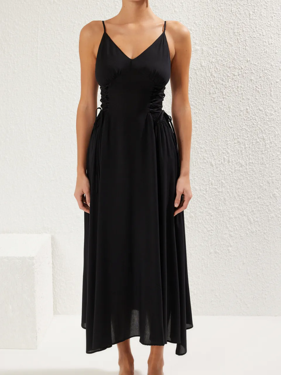 Trendyol TRENDYOLMİLLA Dames Zwart Bloemen Maxi Mouwloos Strandkleding Skater Strandjurken