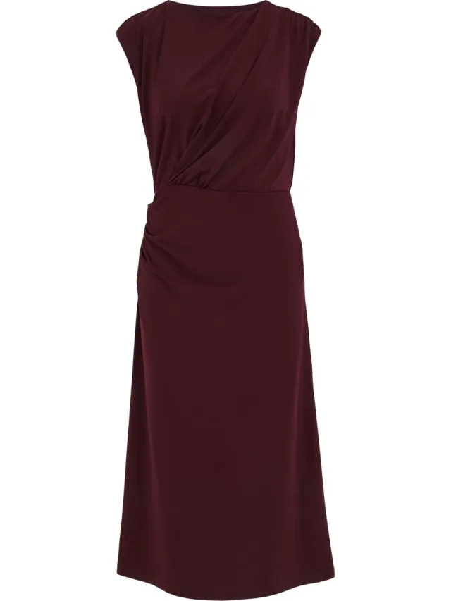 WE Fashion Dames midi jersey mouwloze jurk met plooidetail Burgundy red