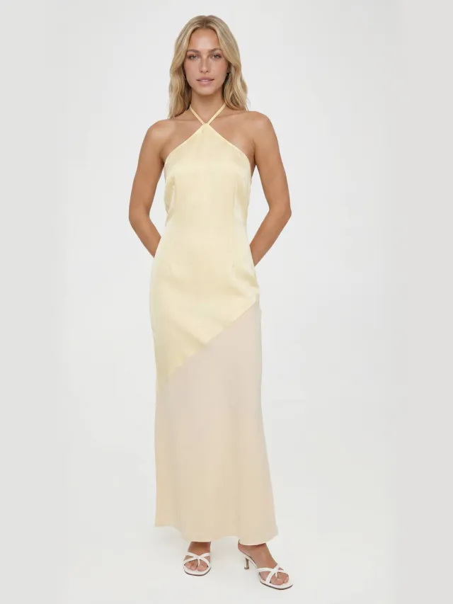 boohoo Dames Satijnen Halterneck Maxi Jurk Met Chiffon Rok Citroen