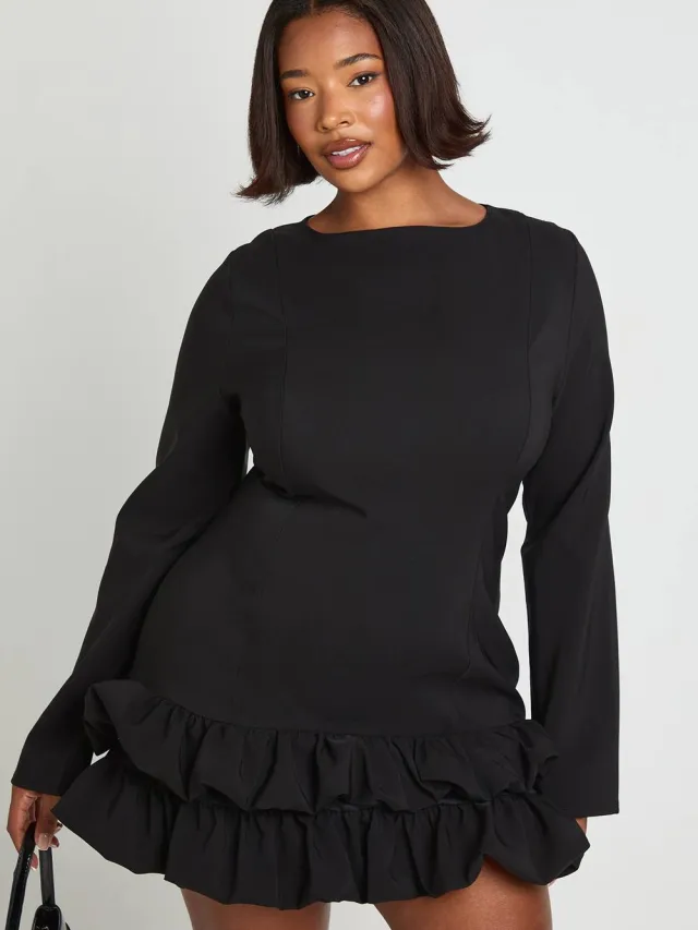 boohoo Dames Plus Geweven Pofmouwen Ruchezoom Shiftjurk Zwart
