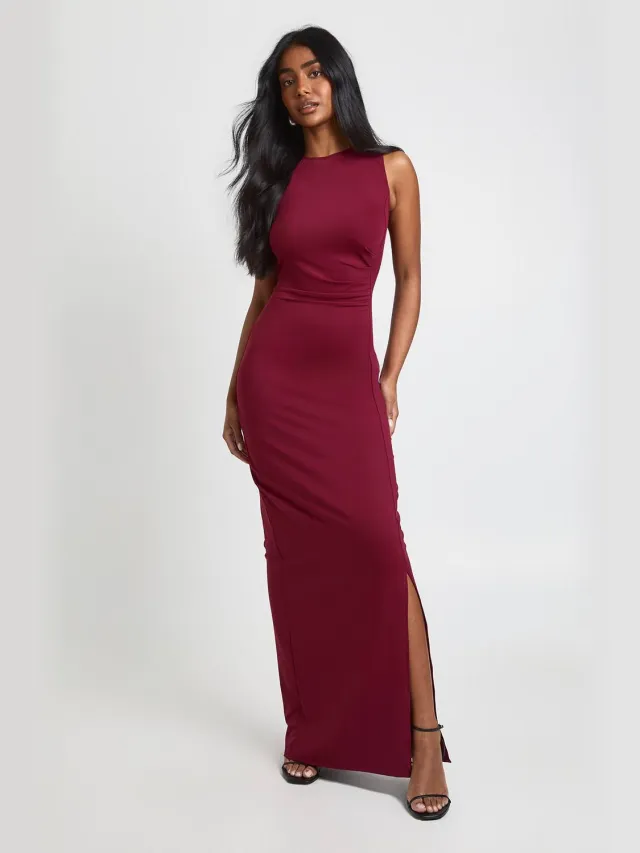 boohoo Dames Slinky Gerimpelde Zijkant Maxi Jurk Wijn