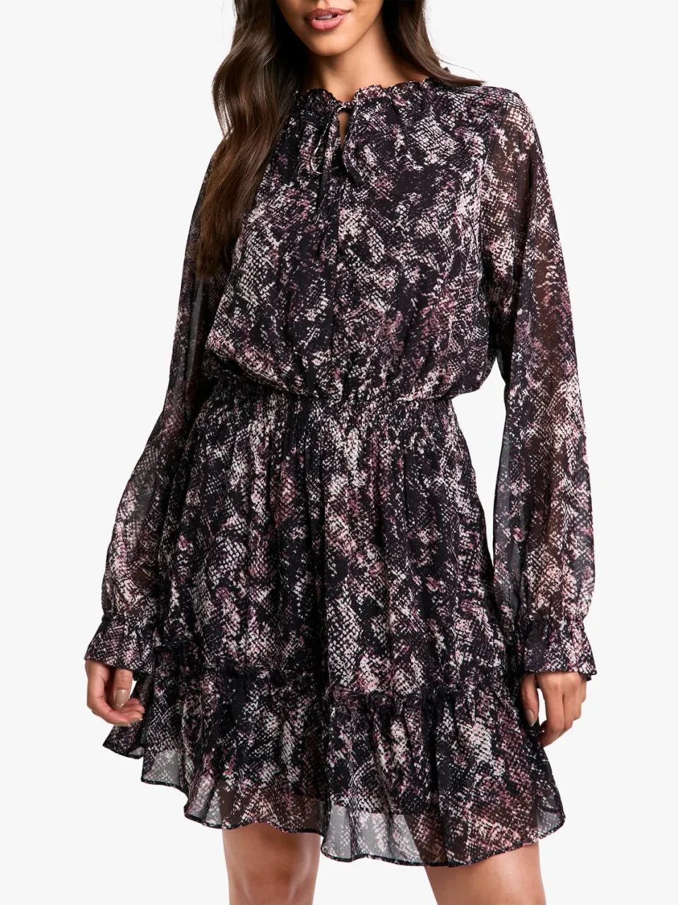 boohoo Dames Snake Print Chiffon Lange Mouw Skater Jurk slangenprint, foto 3