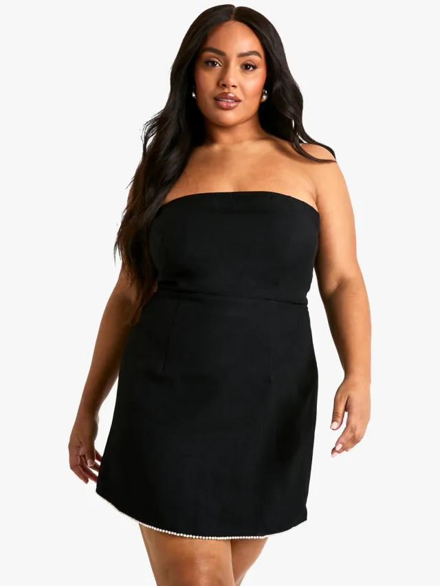 boohoo Dames Plus Pearl Detail Bandeau Skaterjurk Zwart