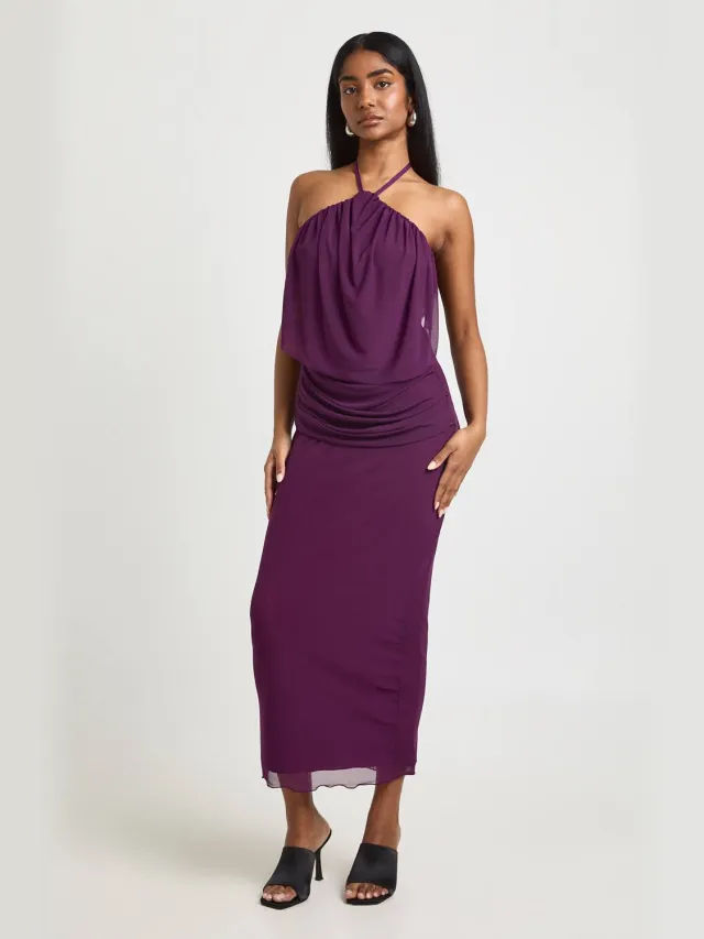 boohoo Dames Mesh Halterneck Cowl Bodycon Midaxi Jurk Pruim