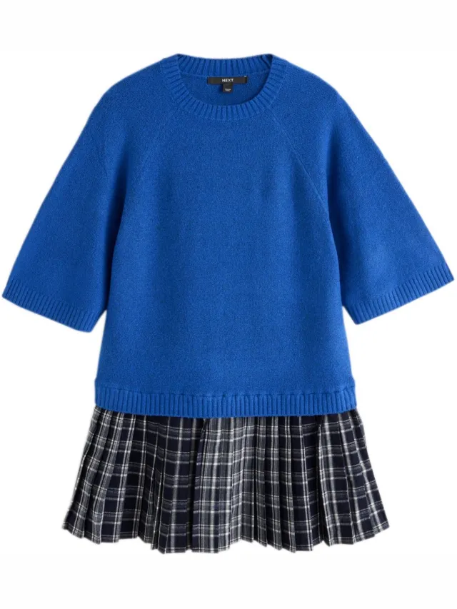 Next Dames - Gebreide 2-in-1 mini-jurk met korte mouwen - Tall - Blauw Cobalt Blue