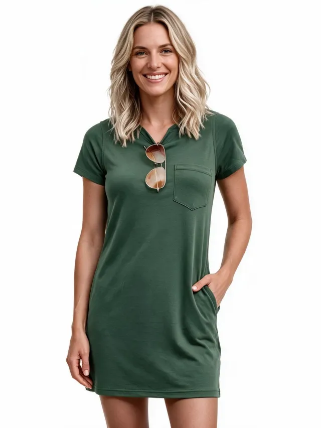 Imily Bela Dames T-shirtjurk met Kraag en Borstzak Legergroen