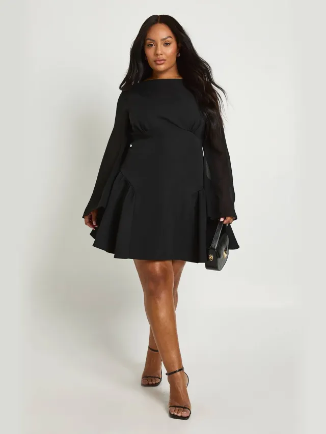 boohoo Dames Plus Chiffon Mouw Skaterjurk Zwart