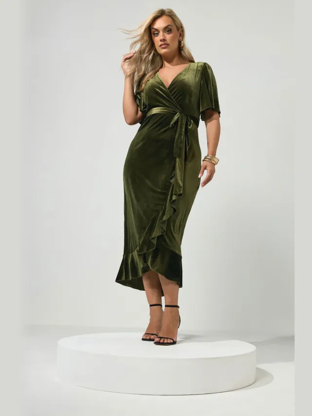 Yours London Groene Fluwelen Wikkeljurk Green