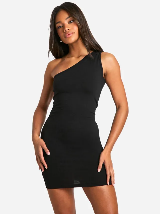 boohoo Dames Basic katoenen asymmetrische halslijn mini-jurk Zwart