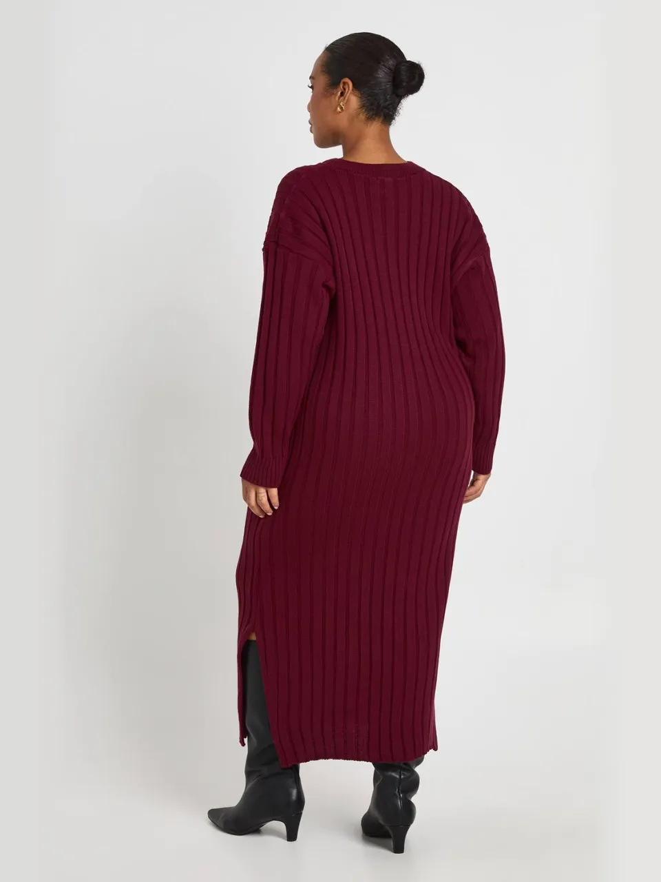 boohoo Dames Plus Grofgebreide Midaxi Jurk Met Brede Ribbels bordeaux rood, foto 3