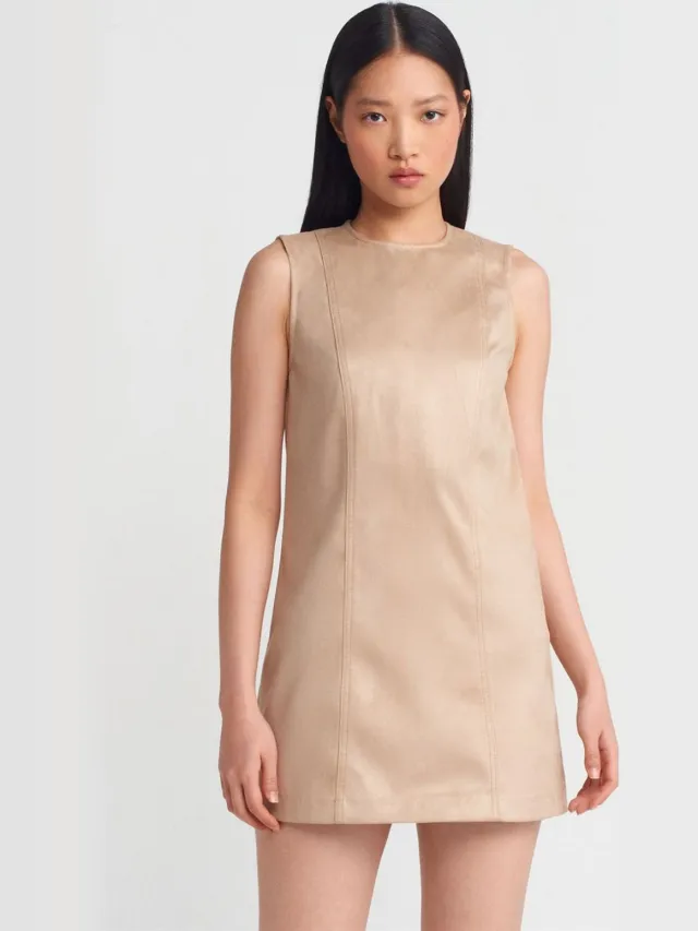 Dilvin Mouwloze Faux Leather Mini-jurk Beige