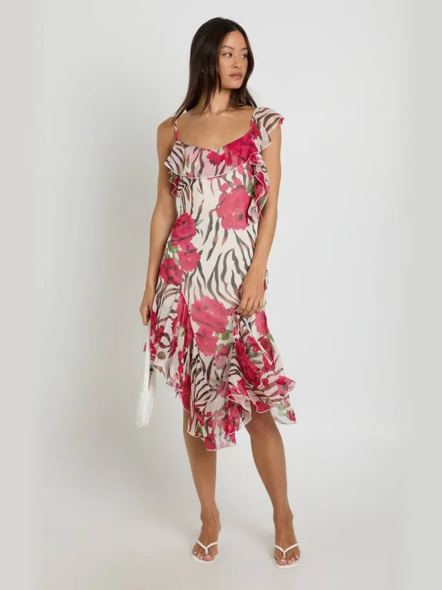 boohoo Dames Lange Chiffon Midi-jurk Met Ruches En Asymmetrisch Bloemendessin Zwart
