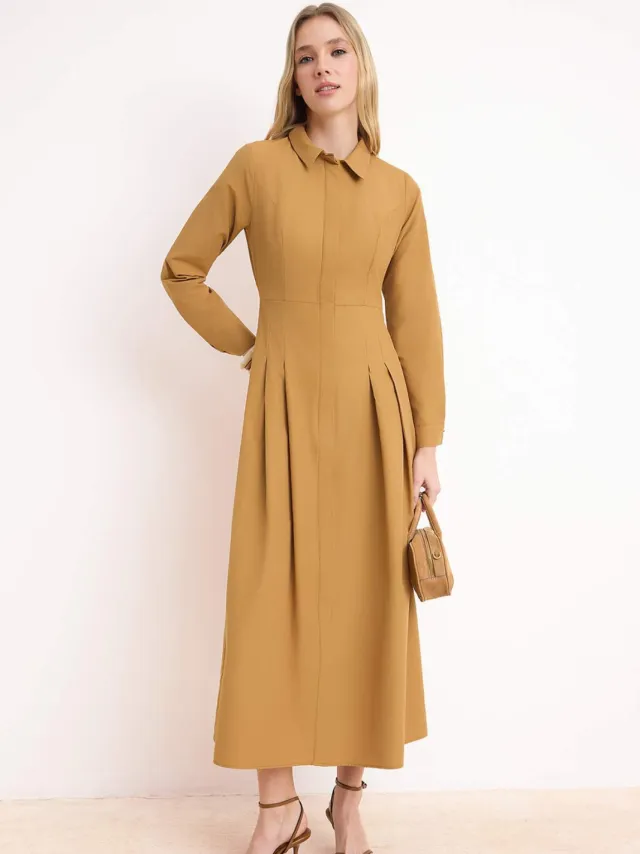Turkishsouq Bruine platte maxi-jurk voor dames, lange casual/dagelijkse A-lijn jurk met hijab Mosterdgeel