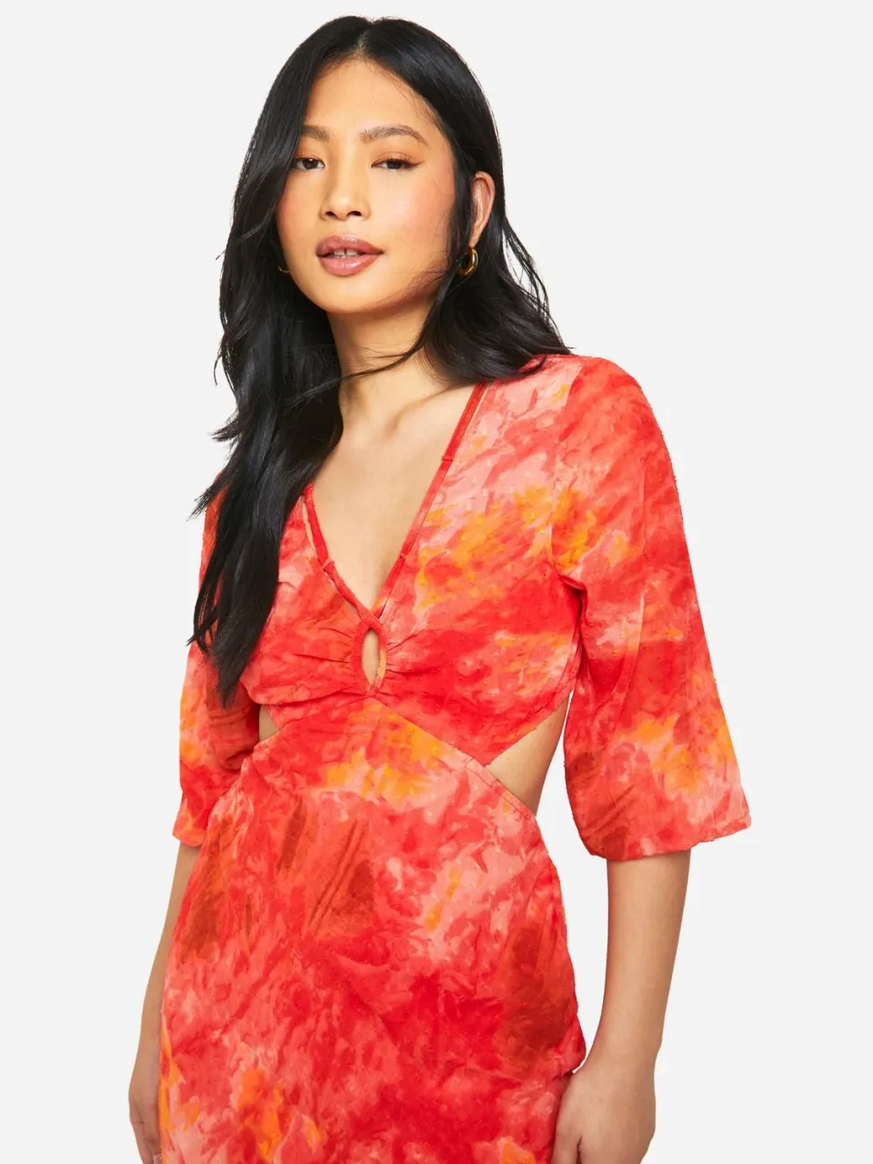 boohoo Dames Petite Bedrukte Chiffon Midaxi-Jurk rood, foto 3