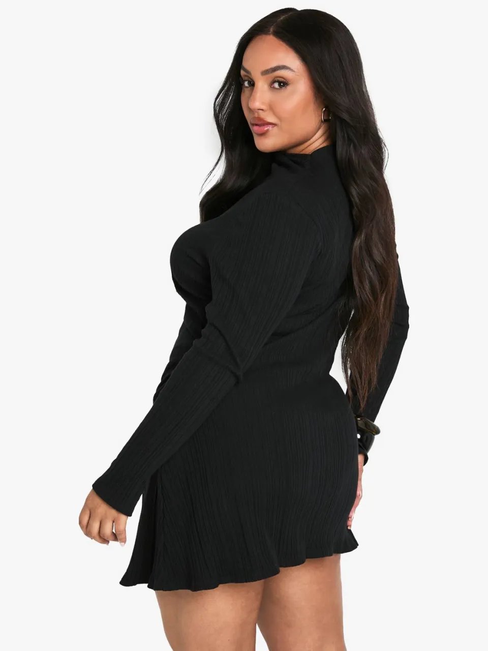 boohoo Dames PLUS LANGEMOUWIGE GERUCHEDE ZijKANT HOGE HALS SHIFT JURK zwart, foto 2