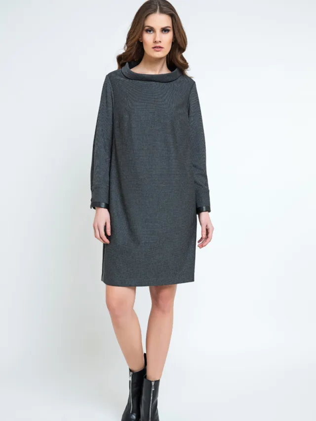 Conquista Casual H-Line Staande Kraag Lange Mouw Midi Dress Donkergrijs