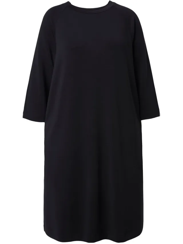 Ulla Popken Dames - Sweatjurk A-lijn ronde hals 3/4-mouwen modalmix - Zwart - Maat 54+