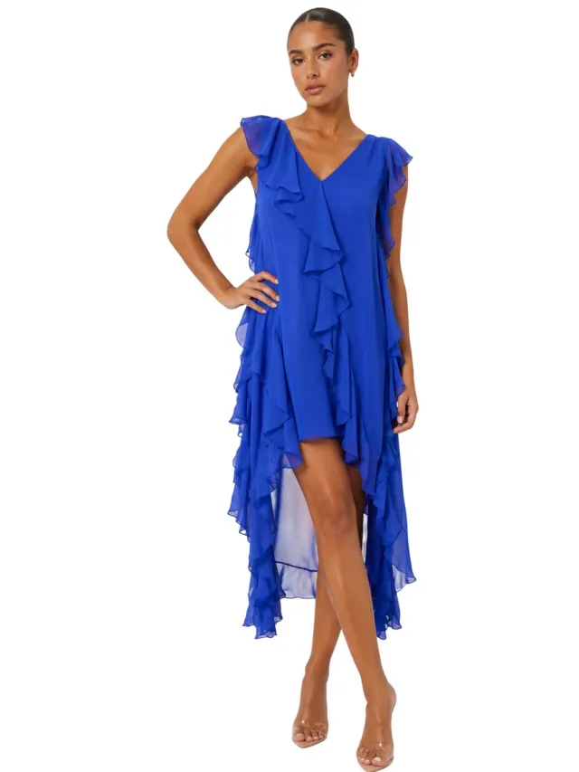 Biba Maxijurk zonder mouwen met ruches voor dames (Blauw)