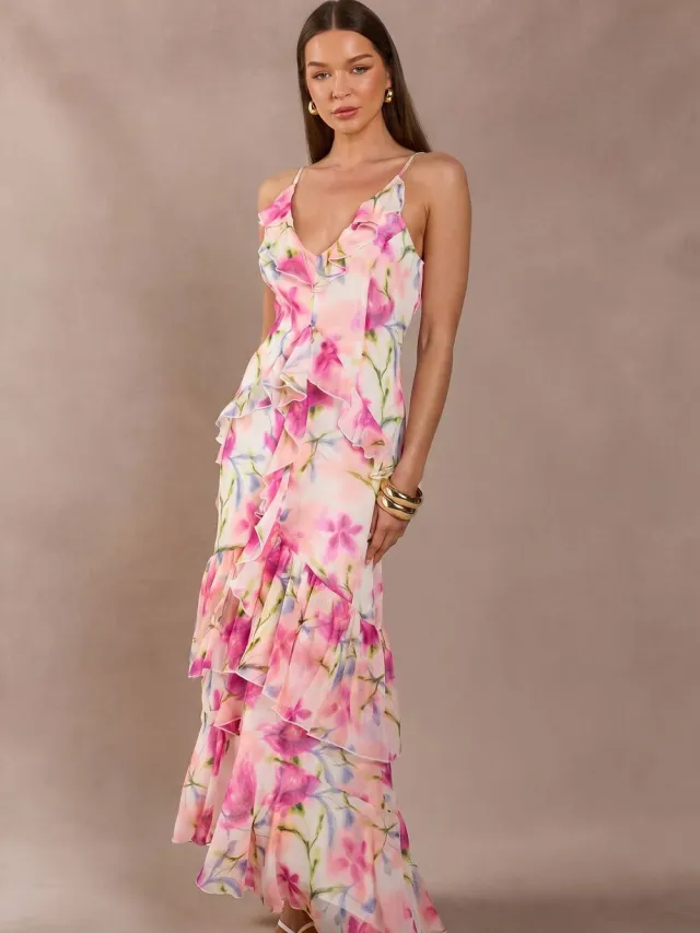 boohoo Dames Chiffon Maxi Jurk Met Ruches En Bloemenprint Roze