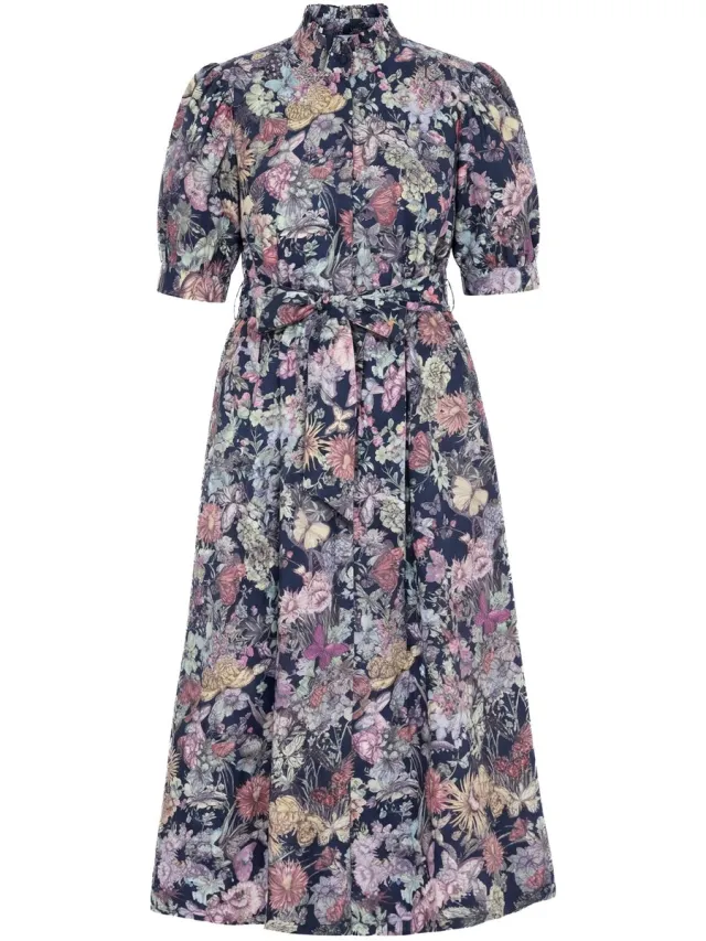 Ulla Popken Dames - Maxi-jurk gobelinpatroon A-lijn opstaande kraag korte mouw - Marine - Maat 62+