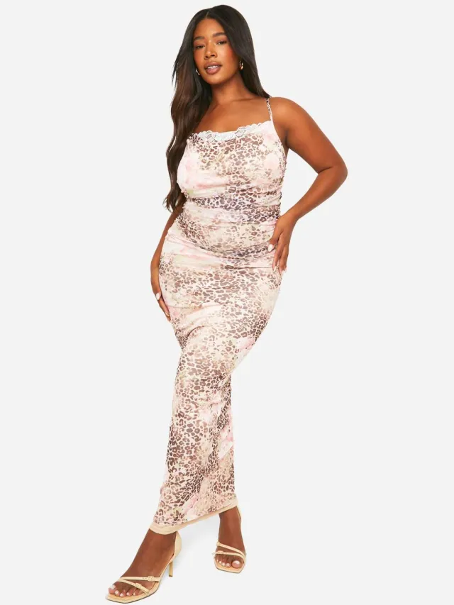 boohoo Dames Plus Mesh Luipaardprint Maxi Jurk met Kantdetail