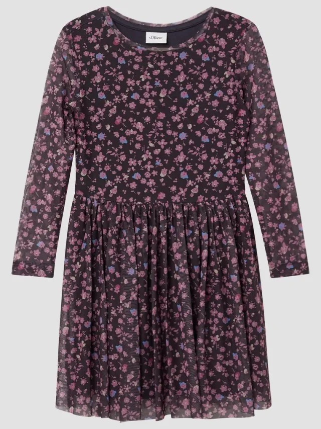 S.Oliver female - Jurk van mesh met lange mouwen, jersey voering en all-over print donkergrijs