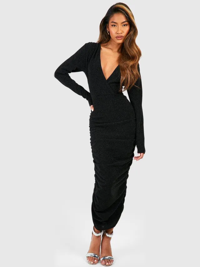 boohoo Dames Glitter Gerafelde Wikkel Midaxi Jurk Zwart