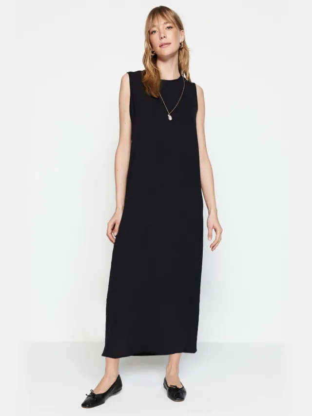 Trendyol Modest Dames Zwart Effen Maxi Mouwloos Casual Recht Modest Jurken