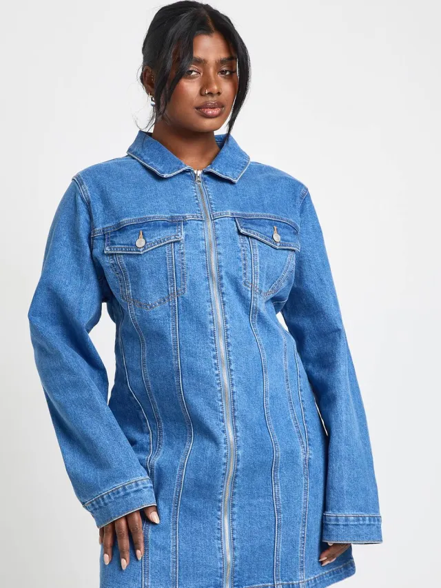 boohoo Dames Plus Size Denim Jurk met Rits Medium Blauw
