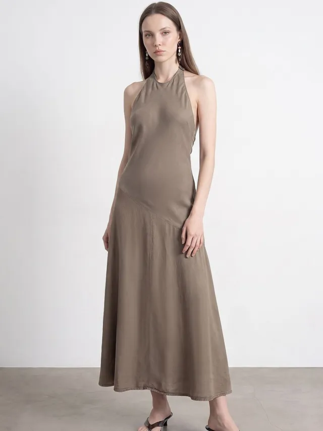 Dilvin Tencel Halter Maxi Jurk Kaki