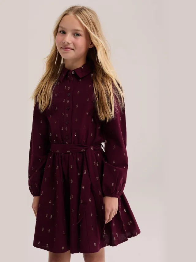 WE Fashion korte jurk met glitterprint donkerrood Donkerrood/goud