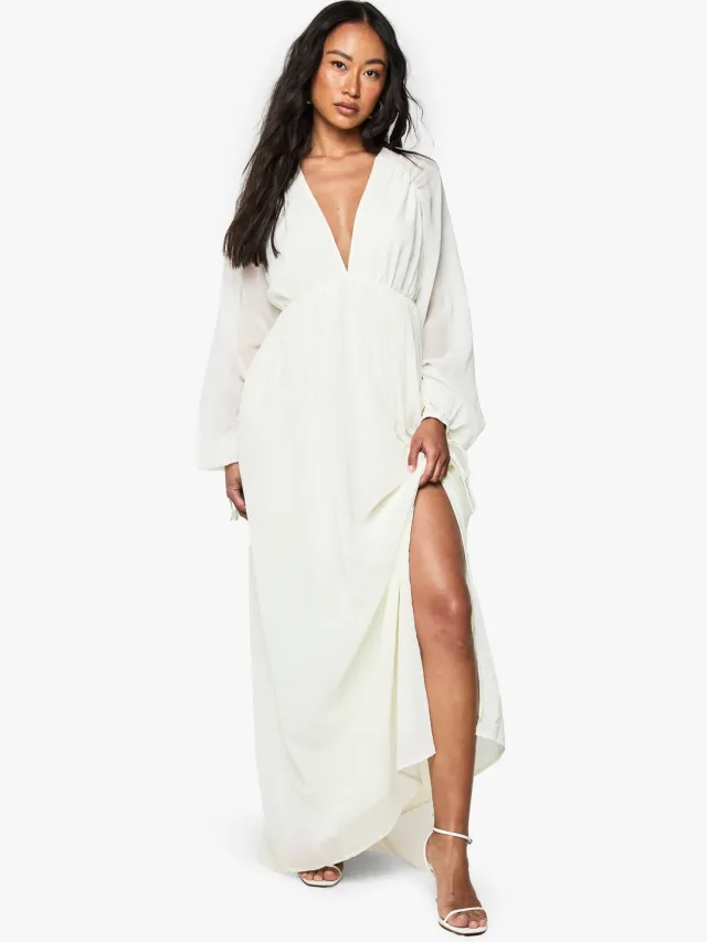 boohoo Dames Chiffon V-Hals Ruched Maxi Jurk Ecru