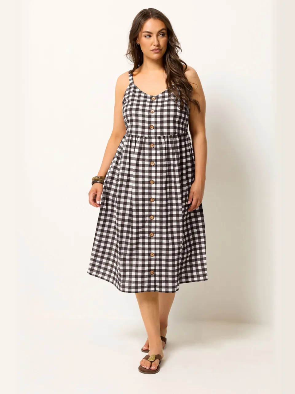 Yours Chocoladebruine Gingham Linnen Jurk, foto 2