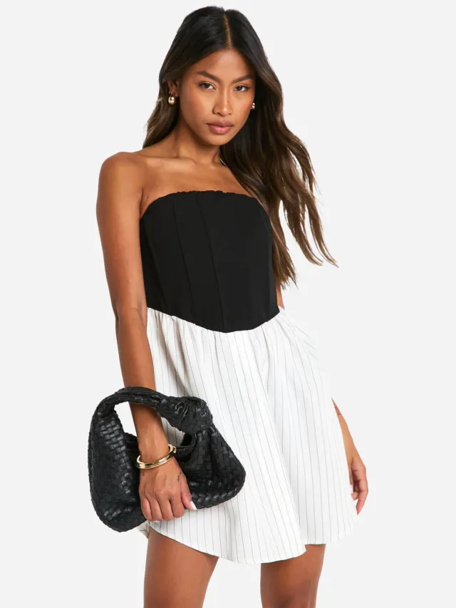 boohoo Dames Corset gestreepte shirtjurk Zwart