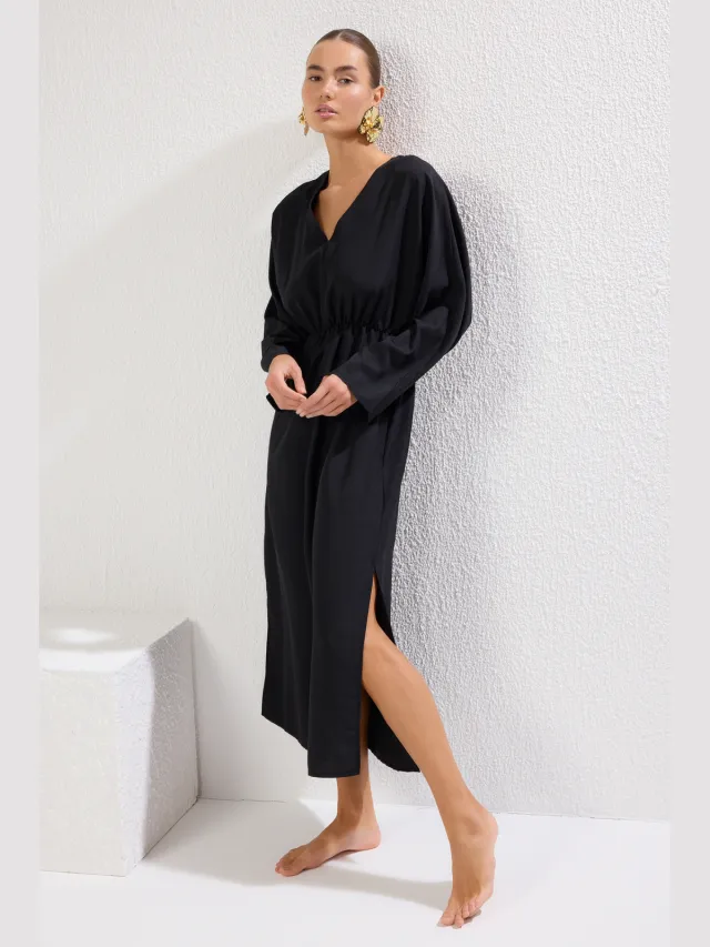 Trendyol TRENDYOLMİLLA Dames Zwart Bloemen Maxi Lang Strandkleding Recht Strandjurken