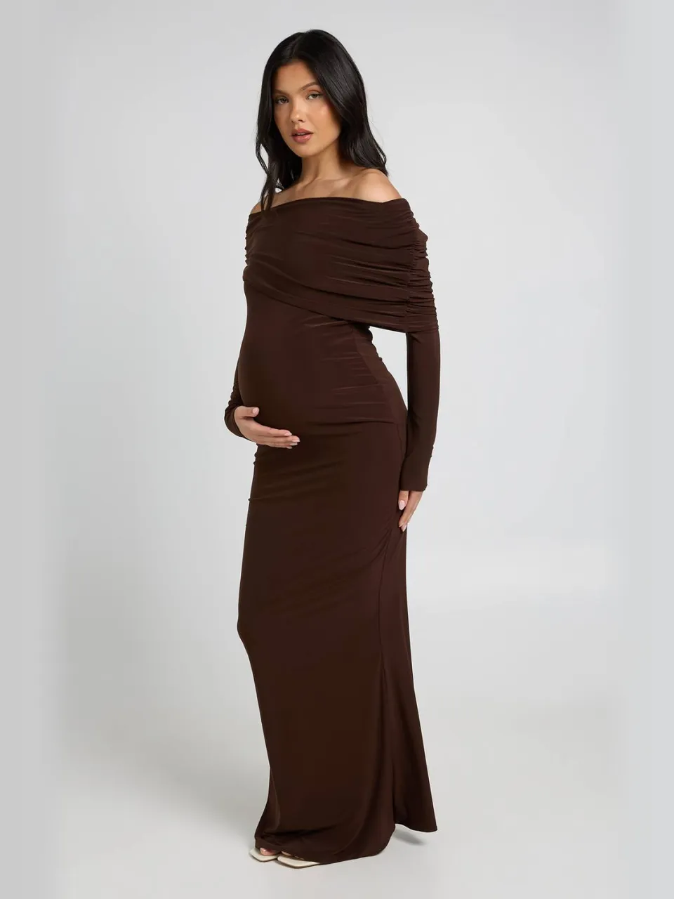 boohoo Dames Zwangerschaps Double Slinky Bardot Maxi Jurk Met Lange Mouwen chocoladebruin, foto 3