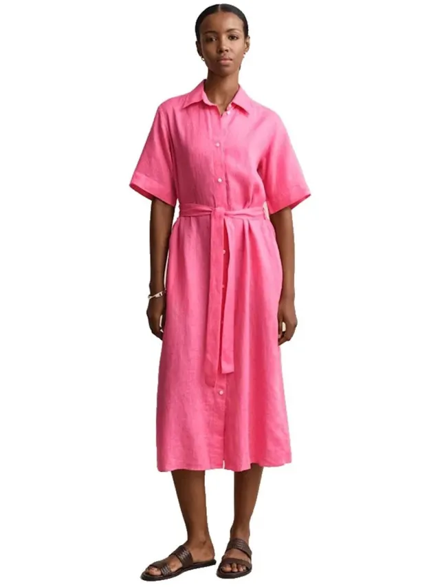 Gant 4503495 Linen Jurk Met Korte Mouwen Roze 40 Vrouw Bright Fuschia