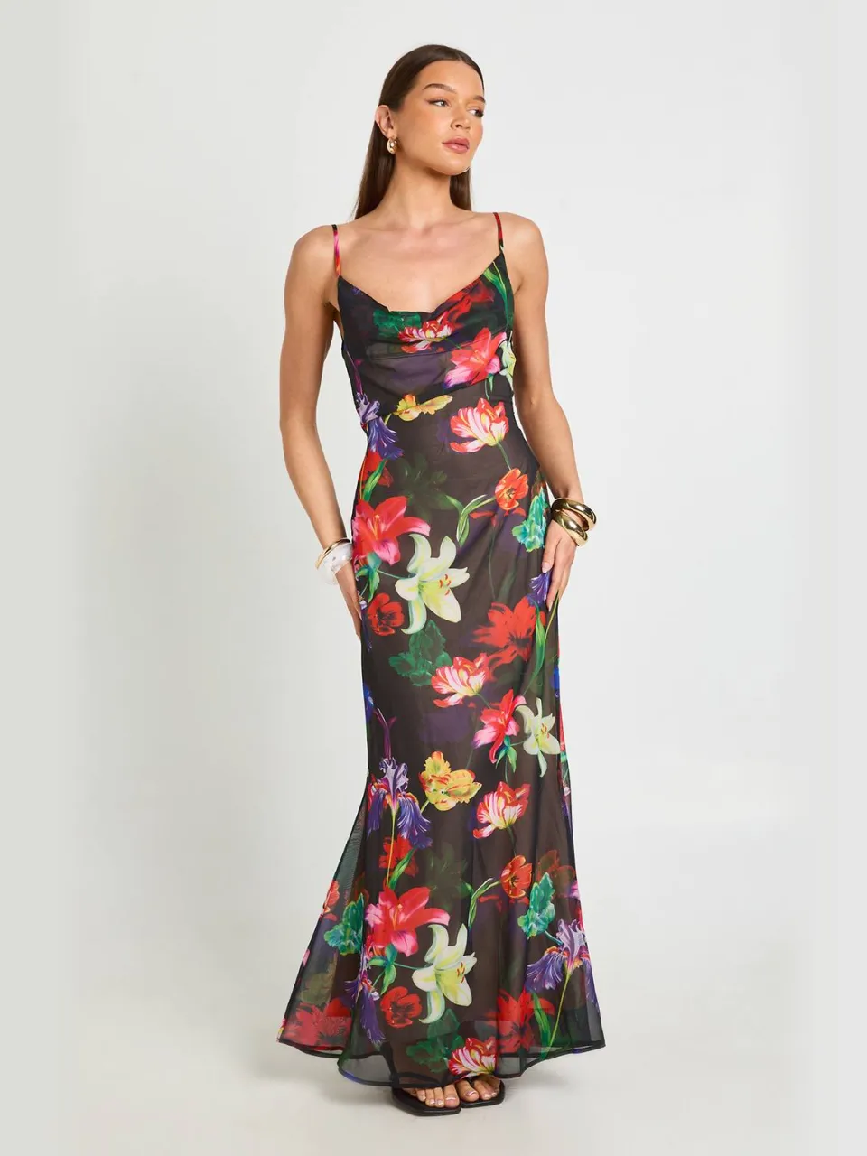 boohoo Dames Lichte Bloemenjurk Met Waterhals In Maxi Slip-model zwart, foto 3