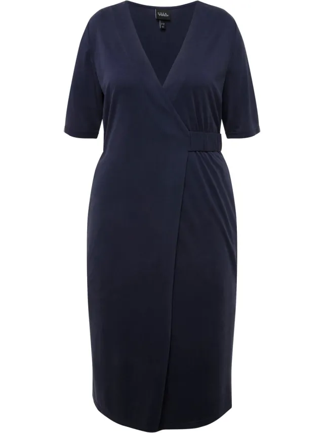 Ulla Popken Dames - Midi-jurk wikkellook V-hals korte mouwen zakken - Marine - Maat 62+