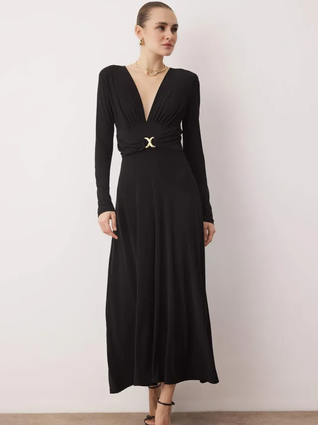 Trendyol TRENDYOLMİLLA Dames Zwart Effen Maxi Lang Stijlvol/Avond A-lijn Jurken