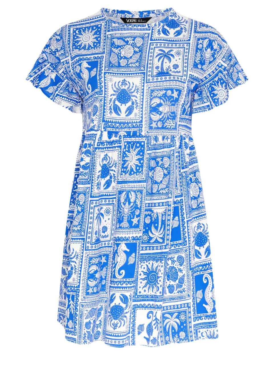 Yours Blauwe Tuniekjurk Met Gemengde Schelpenprint En Ruches Aan De Mouwen, foto 4