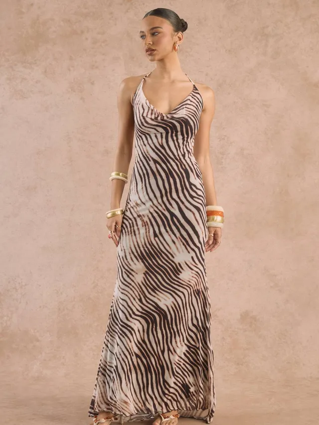 boohoo Dames Toonzwart Zebraprint Maxijurk Met Sleep, foto 2