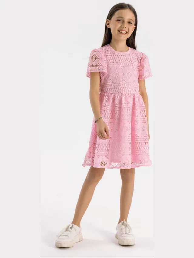 Minoti feestjurk meisjes met kant - kniehoogte Roze