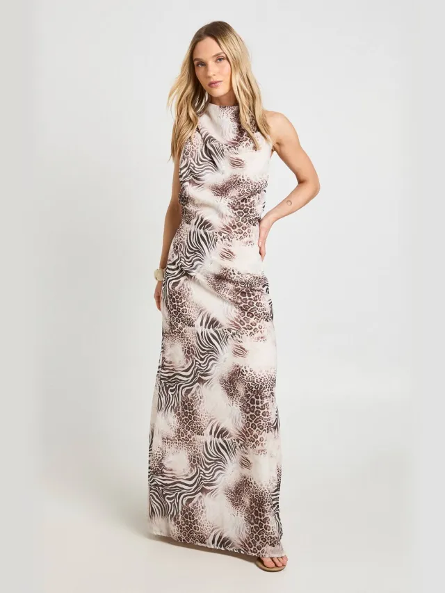 boohoo Dames Petite Bedrukte Chiffon Maxi Jurk Met Hoge Waterval Halslijn En Open Rug Steen