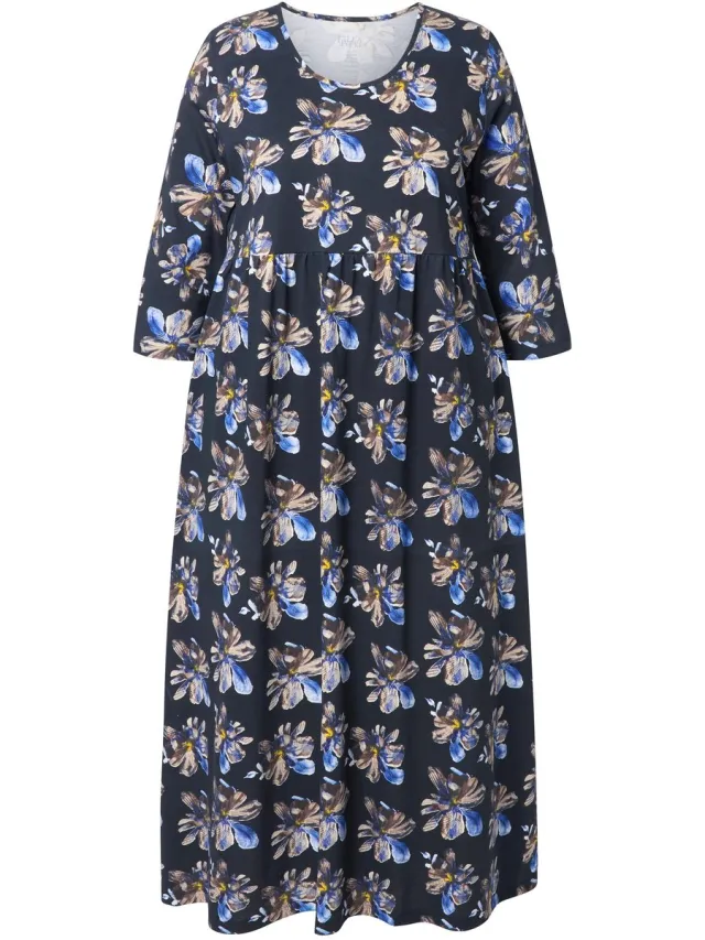 Ulla Popken Dames - Maxi-jurk bloemen ronde hals 3/4-mouwen zakken - Zwart - Maat 62+