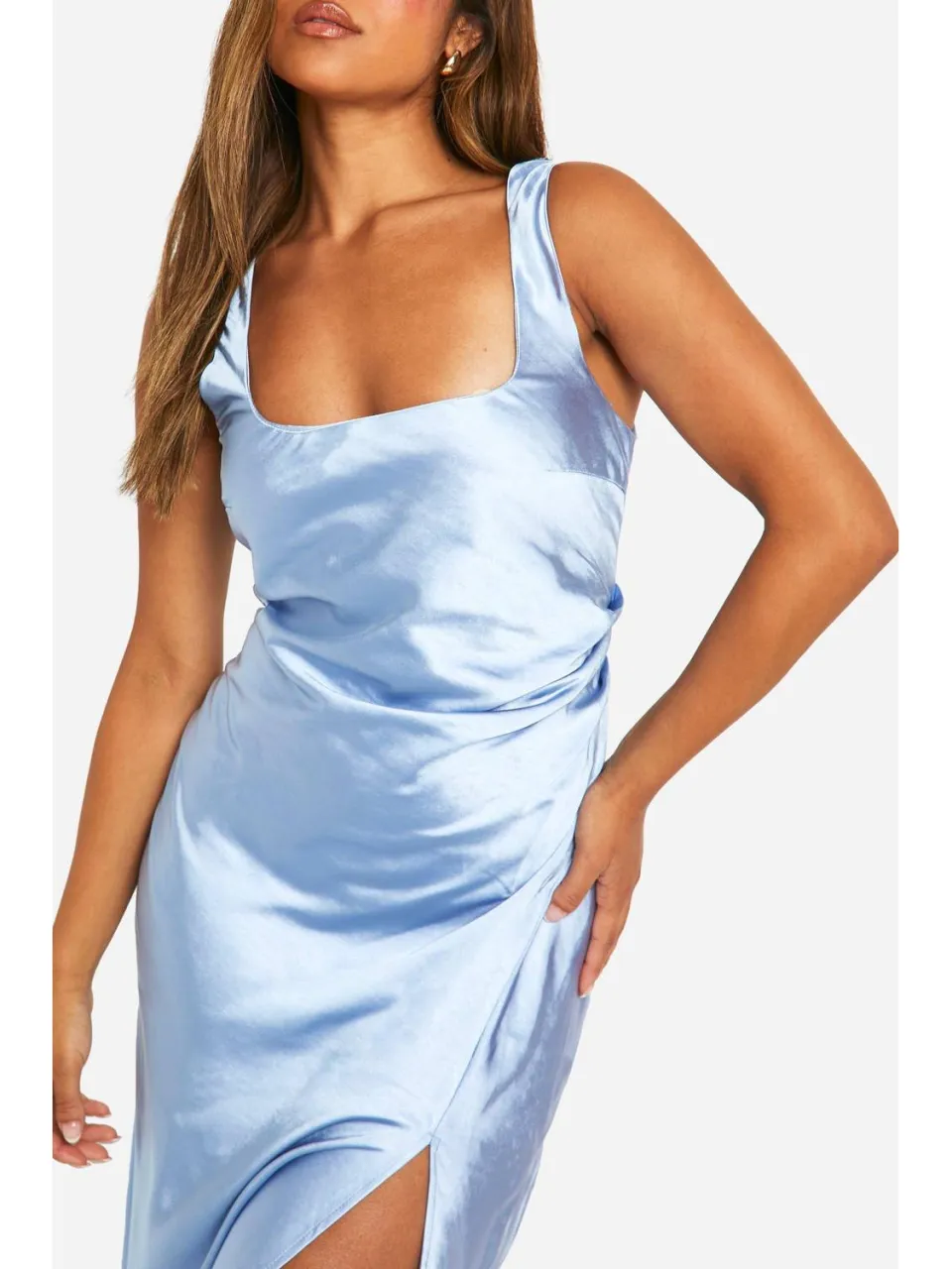 boohoo Dames Petite Bridesmaid Satijnen Maxi-Jurk met Vierkante Halslijn blauw, foto 2